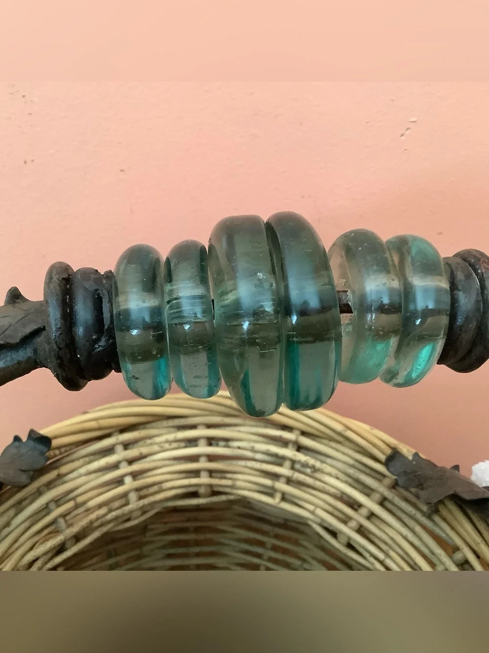 Vintage Handmade Wicker Basket, Wrought Iron Handle, Glass Rings & Oak Leaves